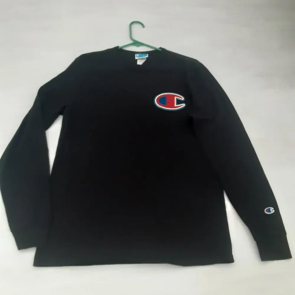 Vintage Champion Big C Logo Long Sleeve T-Shirt Black Men's Size M Patch